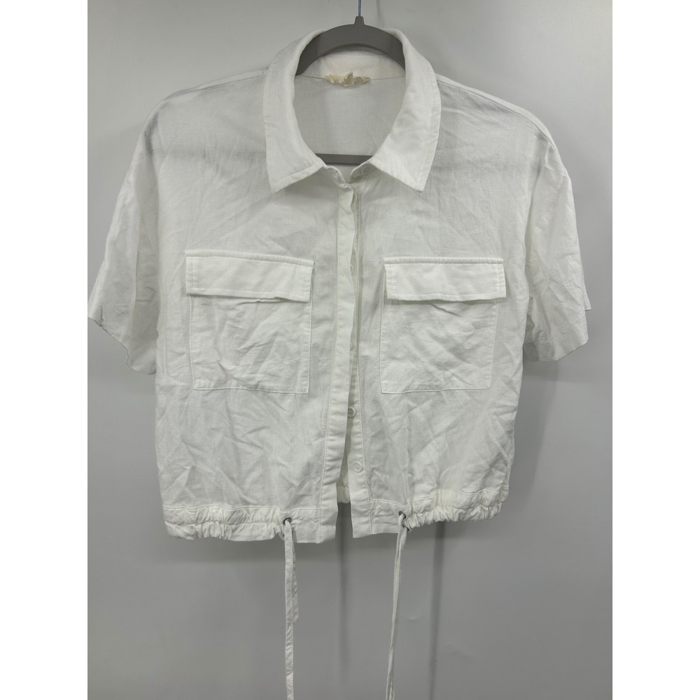 Mystree White Short Sleeve Button Down Utility Shirt Drawstring Hem Small